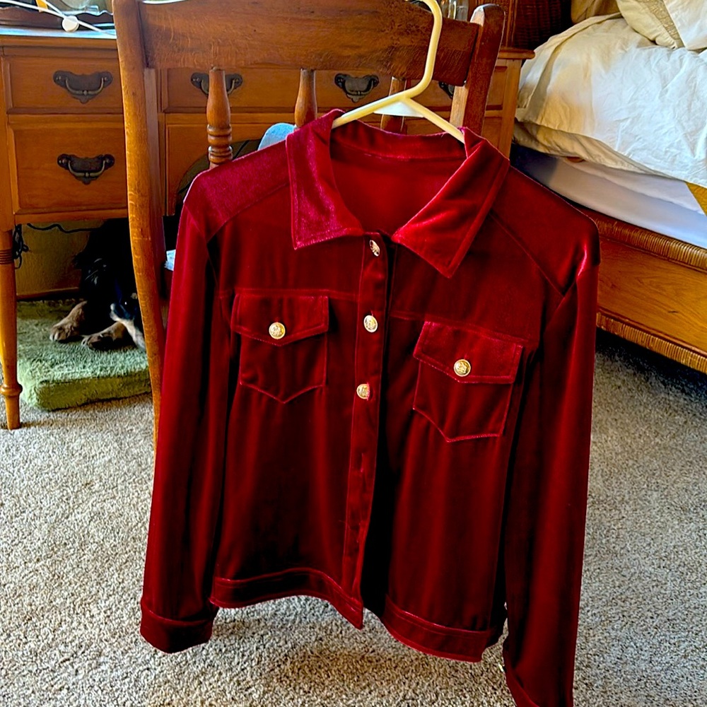 Velvet short jacketed. Gold colored buttons